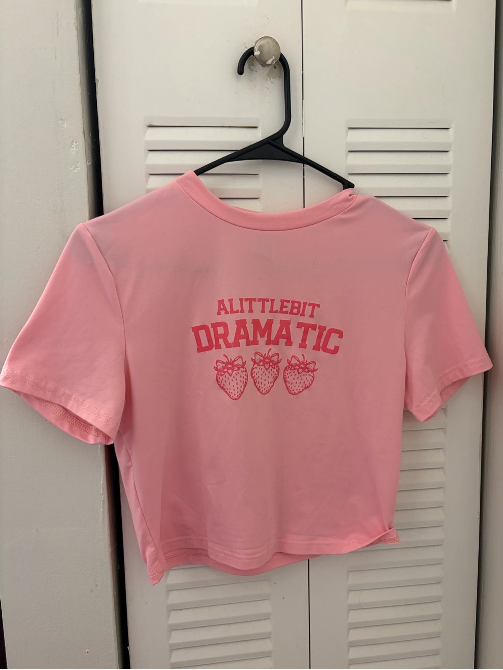 SHEIN Pink 'A Little Bit Dramatic' Strawberry Graphic Crop Top